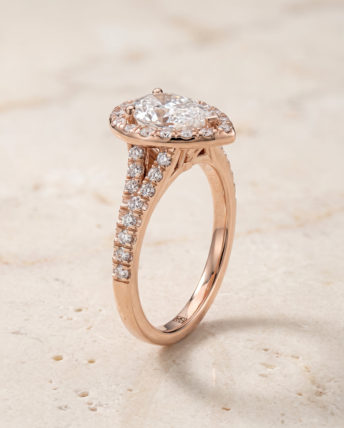 The Calliope Petite Split Shank Halo Pear Engagement Ring Setting in 14K Rose Gold