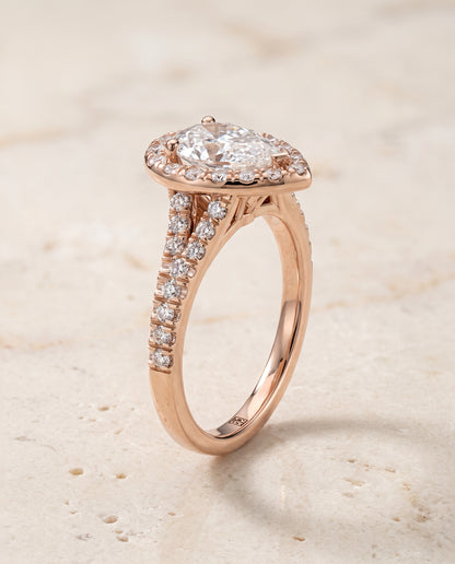 The Calliope Petite Split Shank Halo Pear Engagement Ring Setting in 14K Rose Gold