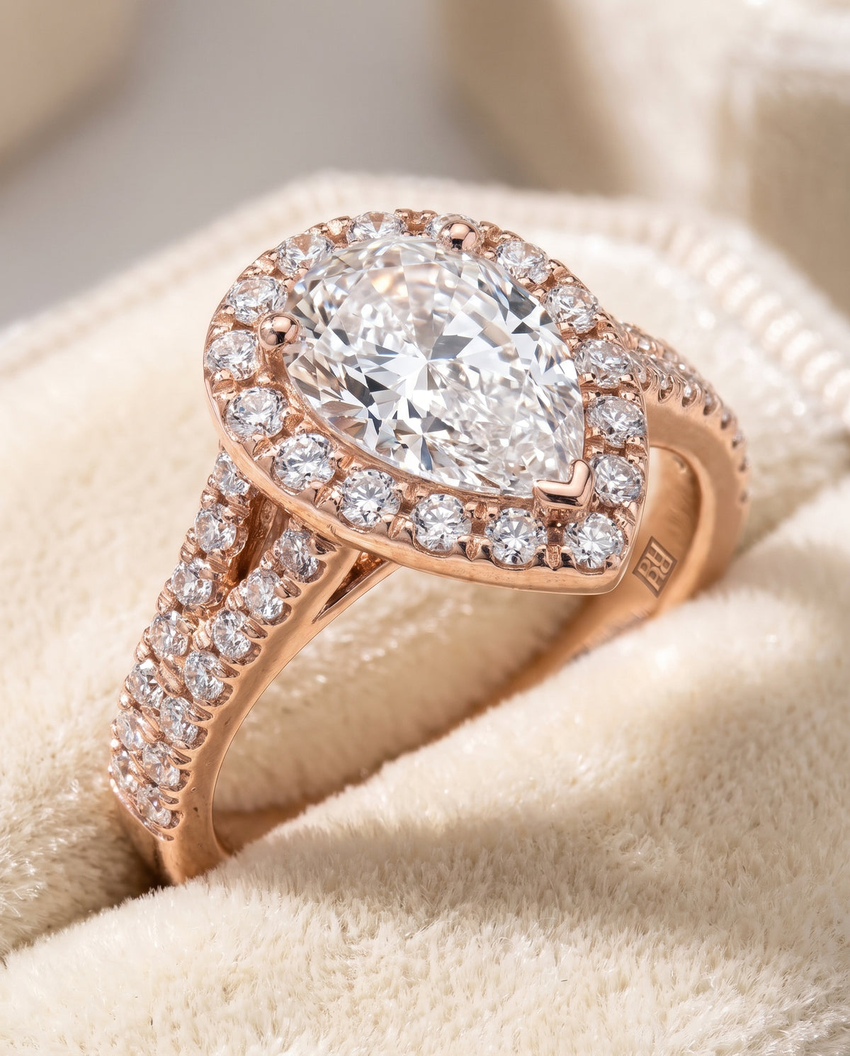 The Calliope Petite Split Shank Halo Pear Engagement Ring Setting in 14K Rose Gold