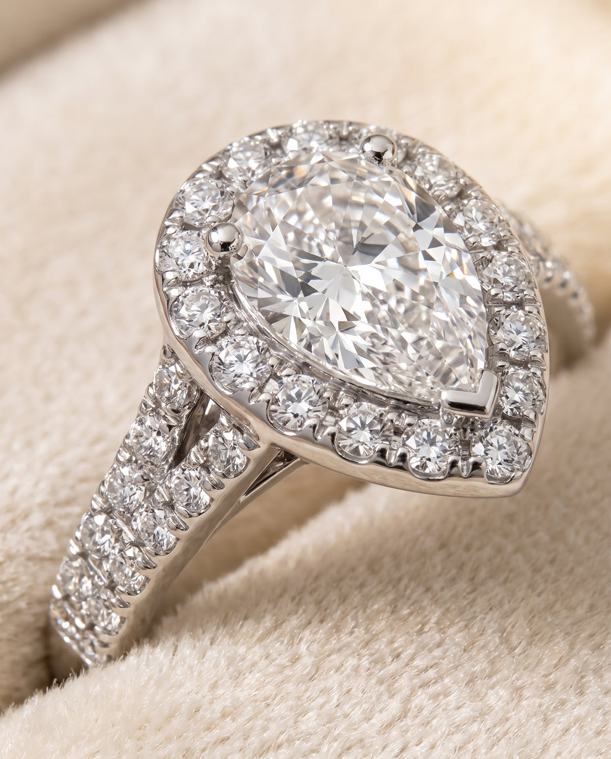 The Calliope Petite Split Shank Halo Pear Engagement Ring Setting in Platinum