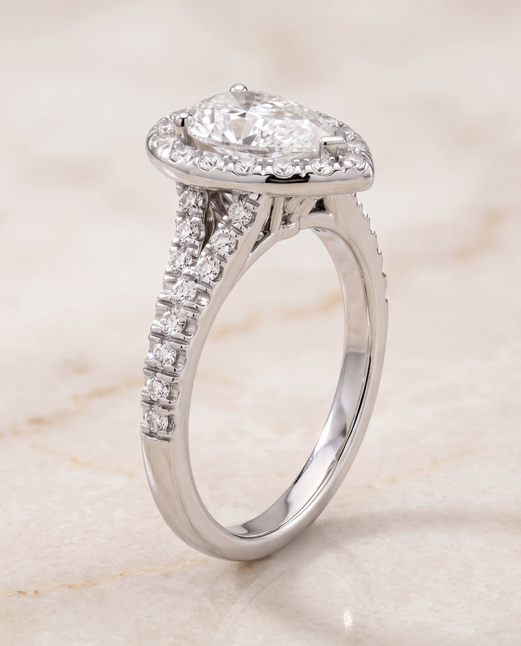 The Calliope Petite Split Shank Halo Pear Engagement Ring Setting in 18K White Gold