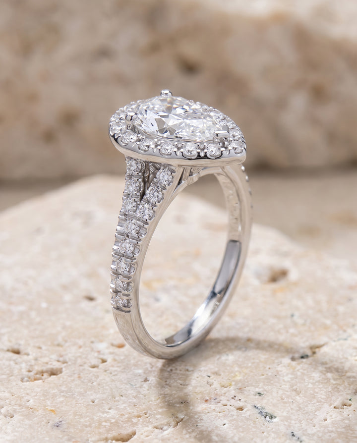 The Calliope Petite Split Shank Halo Pear Engagement Ring Setting in Platinum