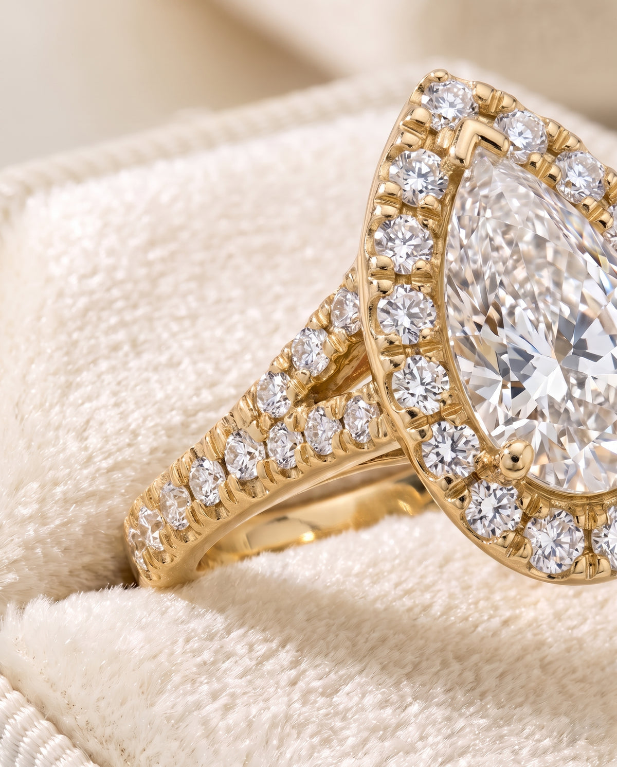 The Calliope Petite Split Shank Halo Pear Engagement Ring Setting in 18K Yellow Gold