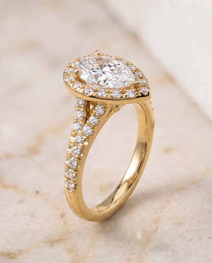 The Calliope Petite Split Shank Halo Pear Engagement Ring Setting in 18K Yellow Gold