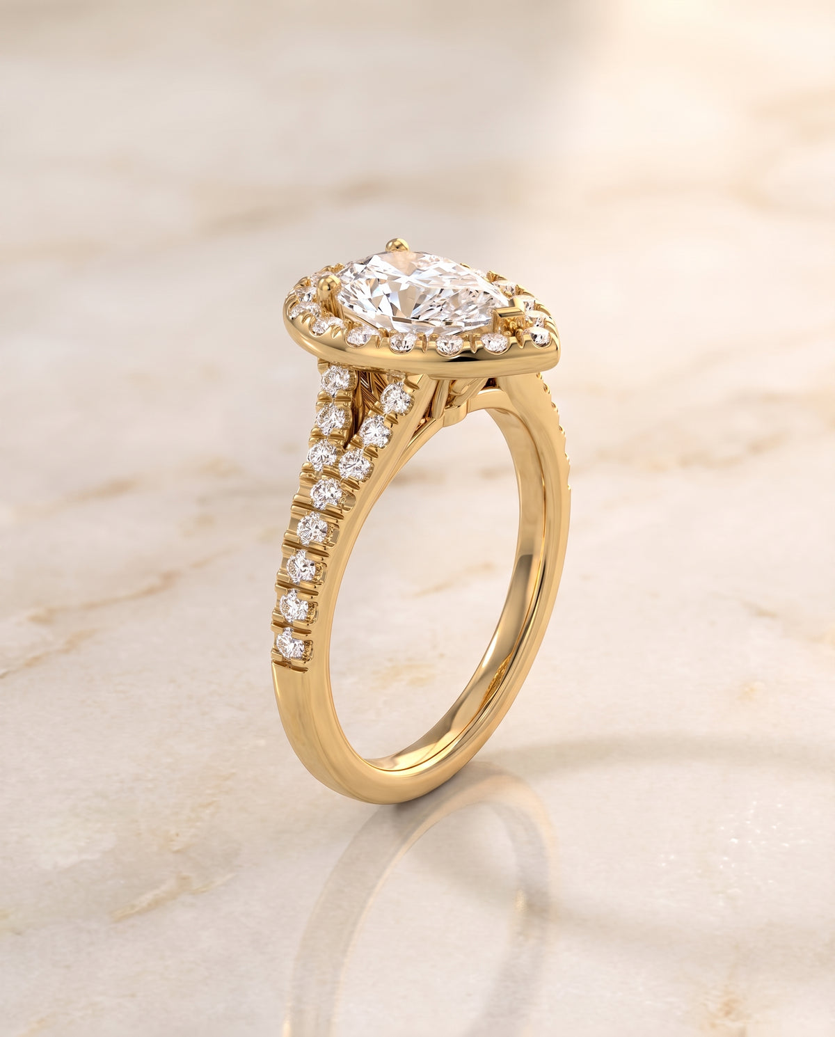 The Calliope Petite Split Shank Halo Pear Engagement Ring Setting in 18K Yellow Gold