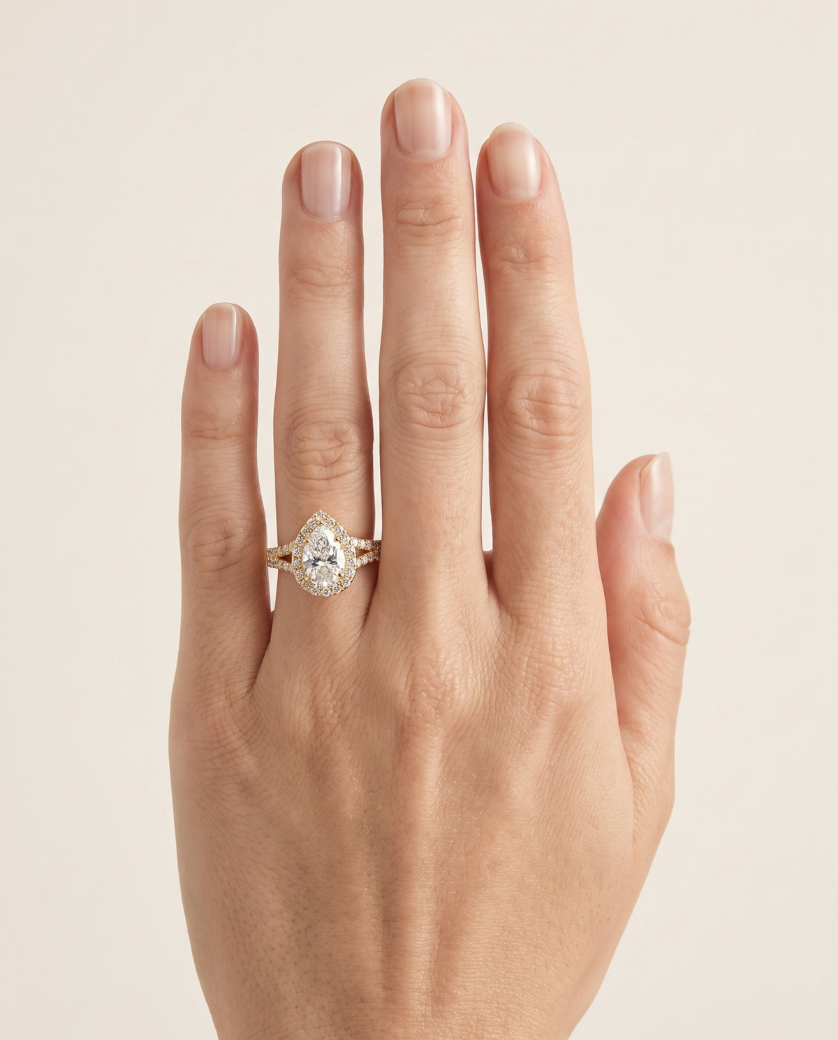 The Calliope Petite Split Shank Halo Pear Engagement Ring Setting in 18K Yellow Gold