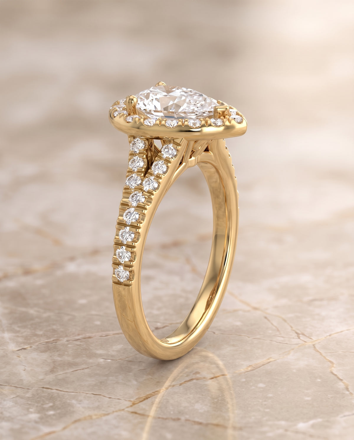 The Calliope Petite Split Shank Halo Pear Engagement Ring Setting in 18K Yellow Gold