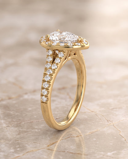 The Calliope Petite Split Shank Halo Pear Engagement Ring Setting in 18K Yellow Gold