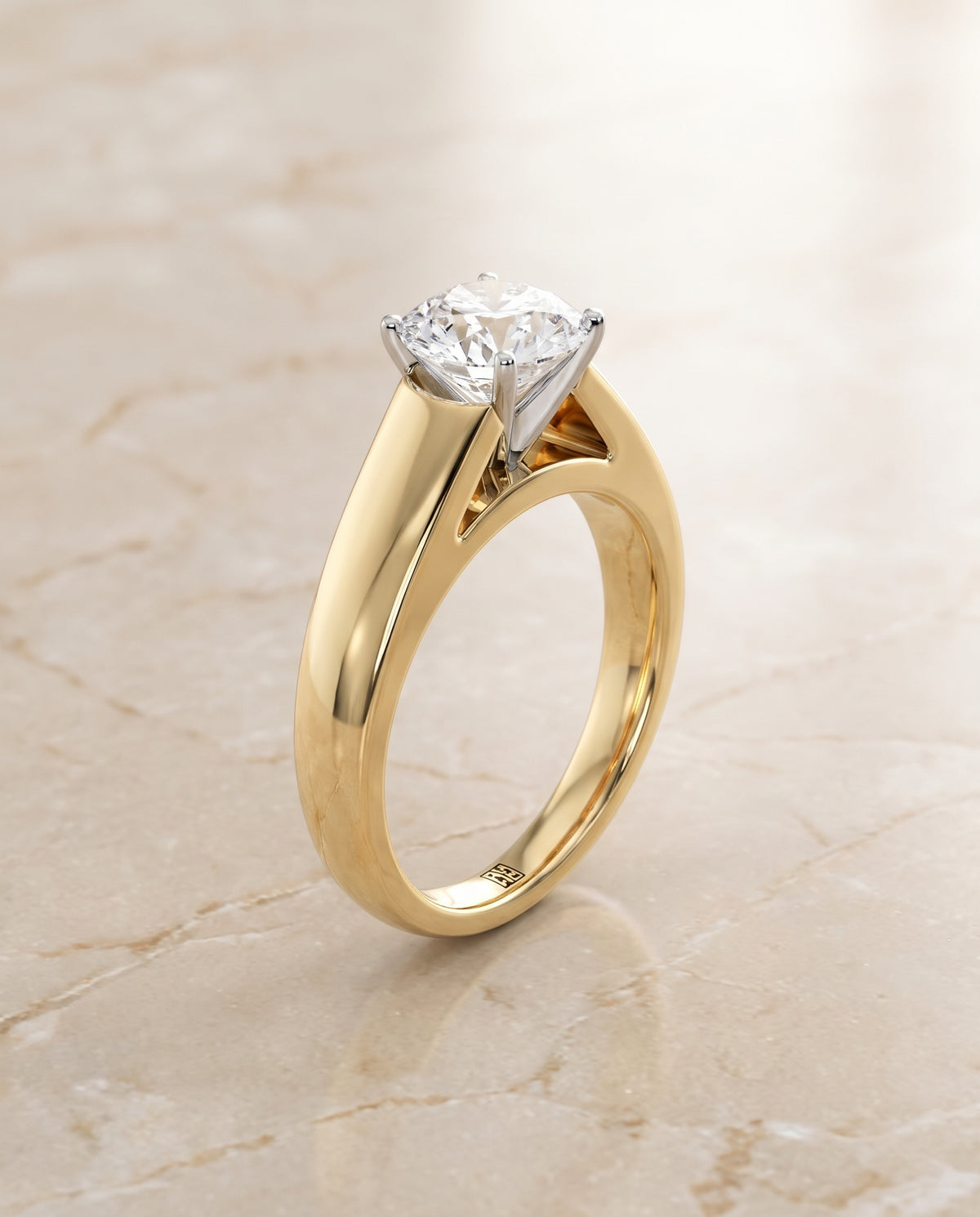 The Carly High Polish Signet Solitaire Round Engagement Ring Setting in 18K Yellow Gold