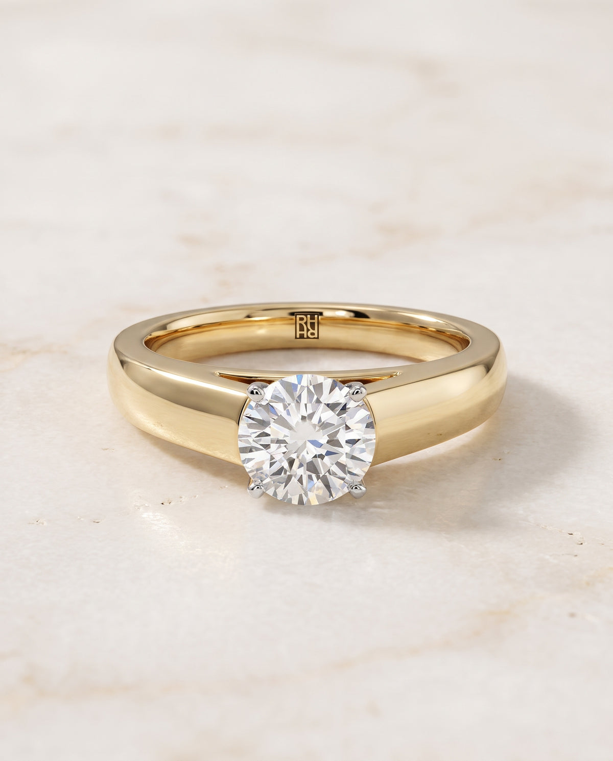 The Carly High Polish Signet Solitaire Round Engagement Ring Setting in 18K Yellow Gold
