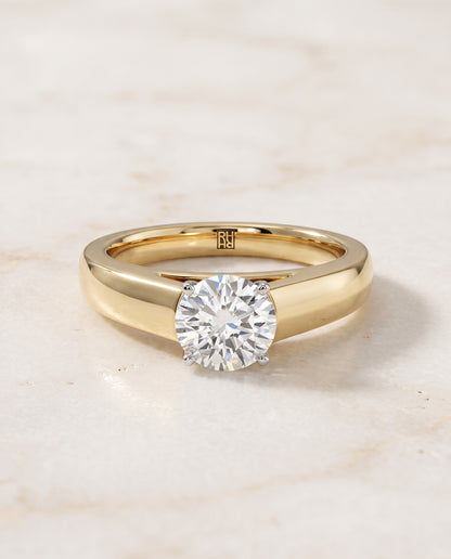 The Carly High Polish Signet Solitaire Round Engagement Ring Setting in 18K Yellow Gold