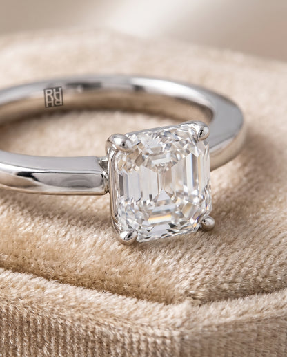 The Carmen Beveled Edge Comfort Fit Solitaire Asscher Cut Engagement Ring Setting in 18K White Gold