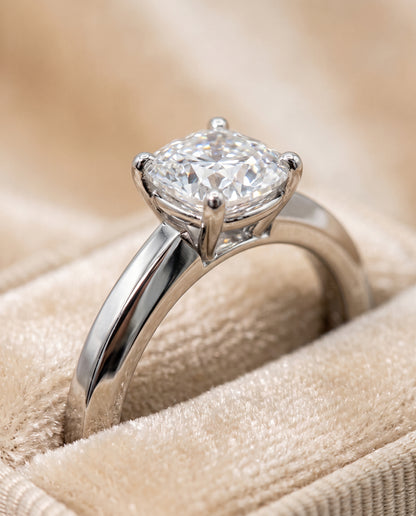 The Carmen Beveled Edge Comfort Fit Solitaire Cushion Cut Engagement Ring Setting in Platinum