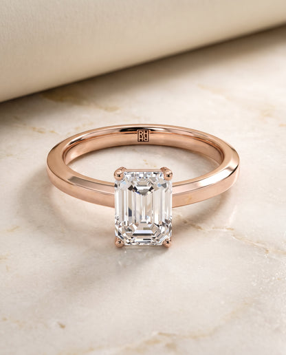 The Carmen Beveled Edge Comfort Fit Solitaire Emerald Cut Engagement Ring Setting in 14K Rose Gold