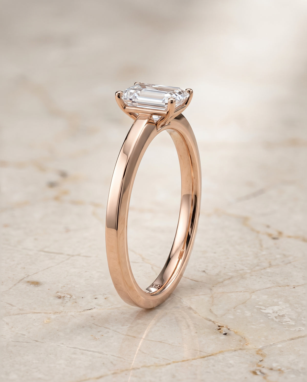 The Carmen Beveled Edge Comfort Fit Solitaire Emerald Cut Engagement Ring Setting in 14K Rose Gold