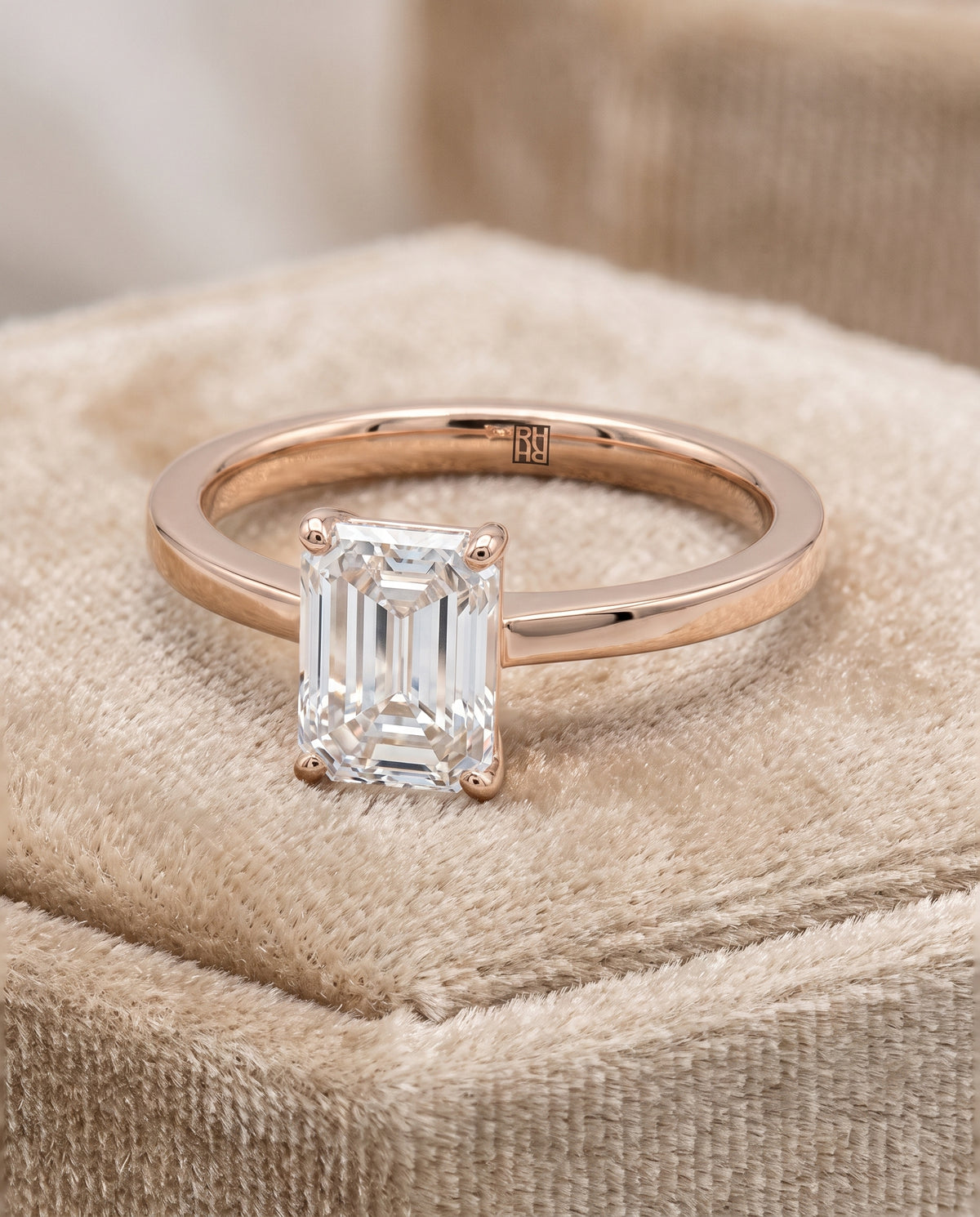 The Carmen Beveled Edge Comfort Fit Solitaire Emerald Cut Engagement Ring Setting in 14K Rose Gold