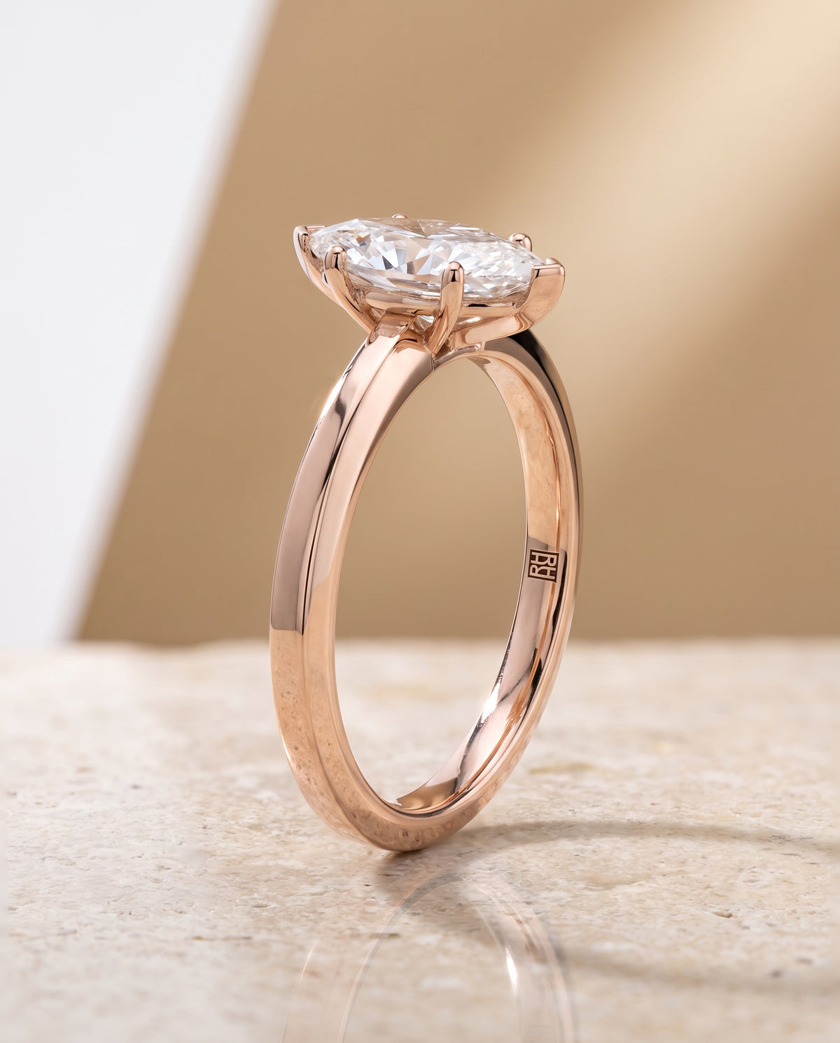Marquise engagement ring setting in 14K Rose Gold, Carmen Beveled Edge Comfort Fit Solitaire Marquise, alternate view | RockHer