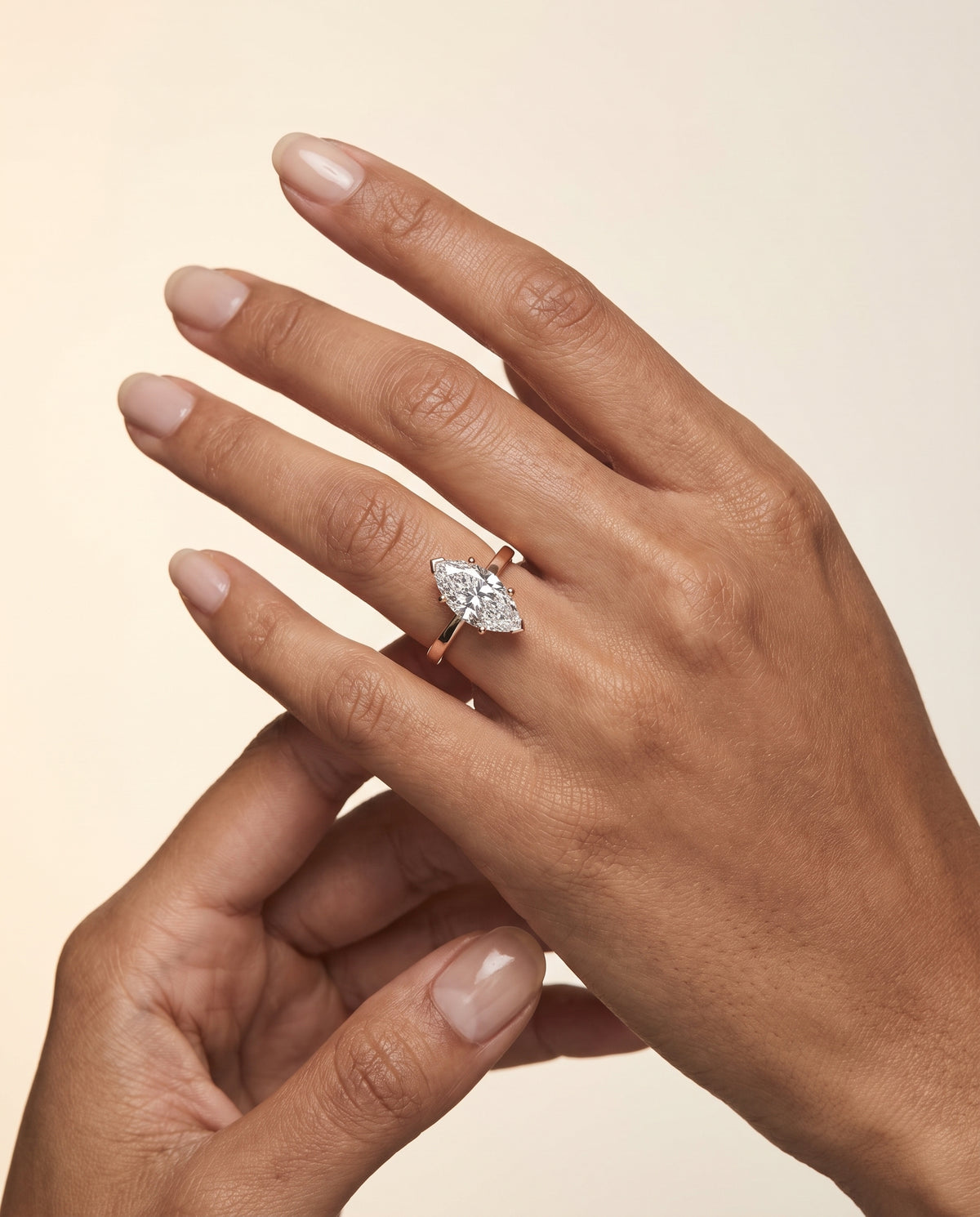 Marquise engagement ring setting in 14K Rose Gold, Carmen Beveled Edge Comfort Fit Solitaire Marquise, alternate view | RockHer