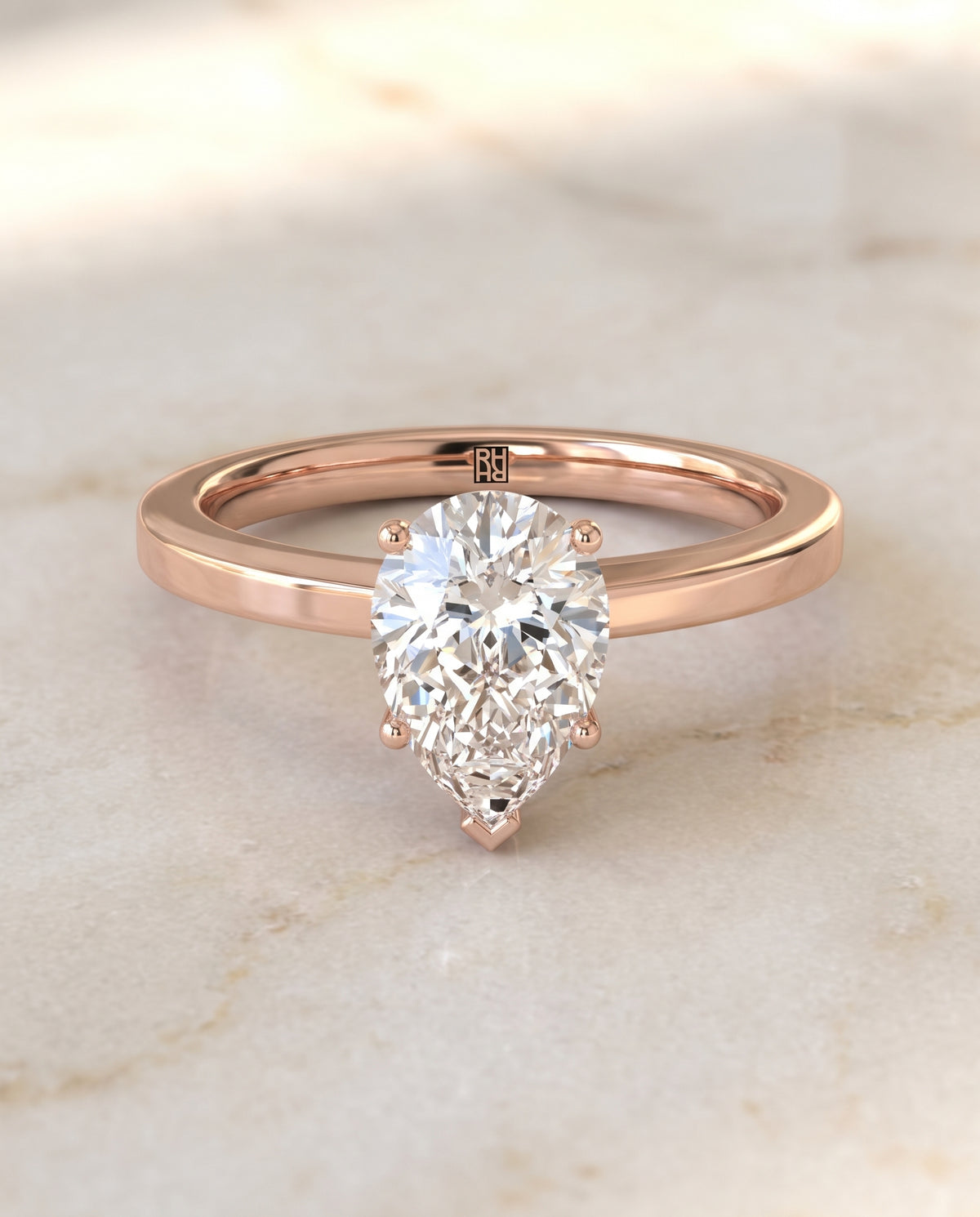 The Carmen Beveled Edge Comfort Fit Solitaire Pear Engagement Ring Setting in 14K Rose Gold