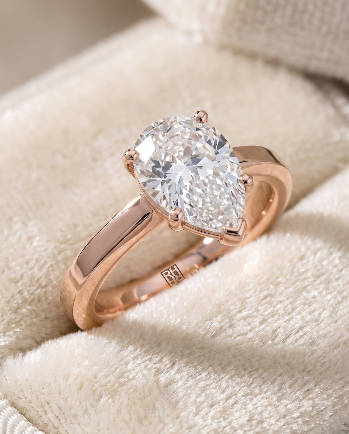 The Carmen Beveled Edge Comfort Fit Solitaire Pear Engagement Ring Setting in 14K Rose Gold