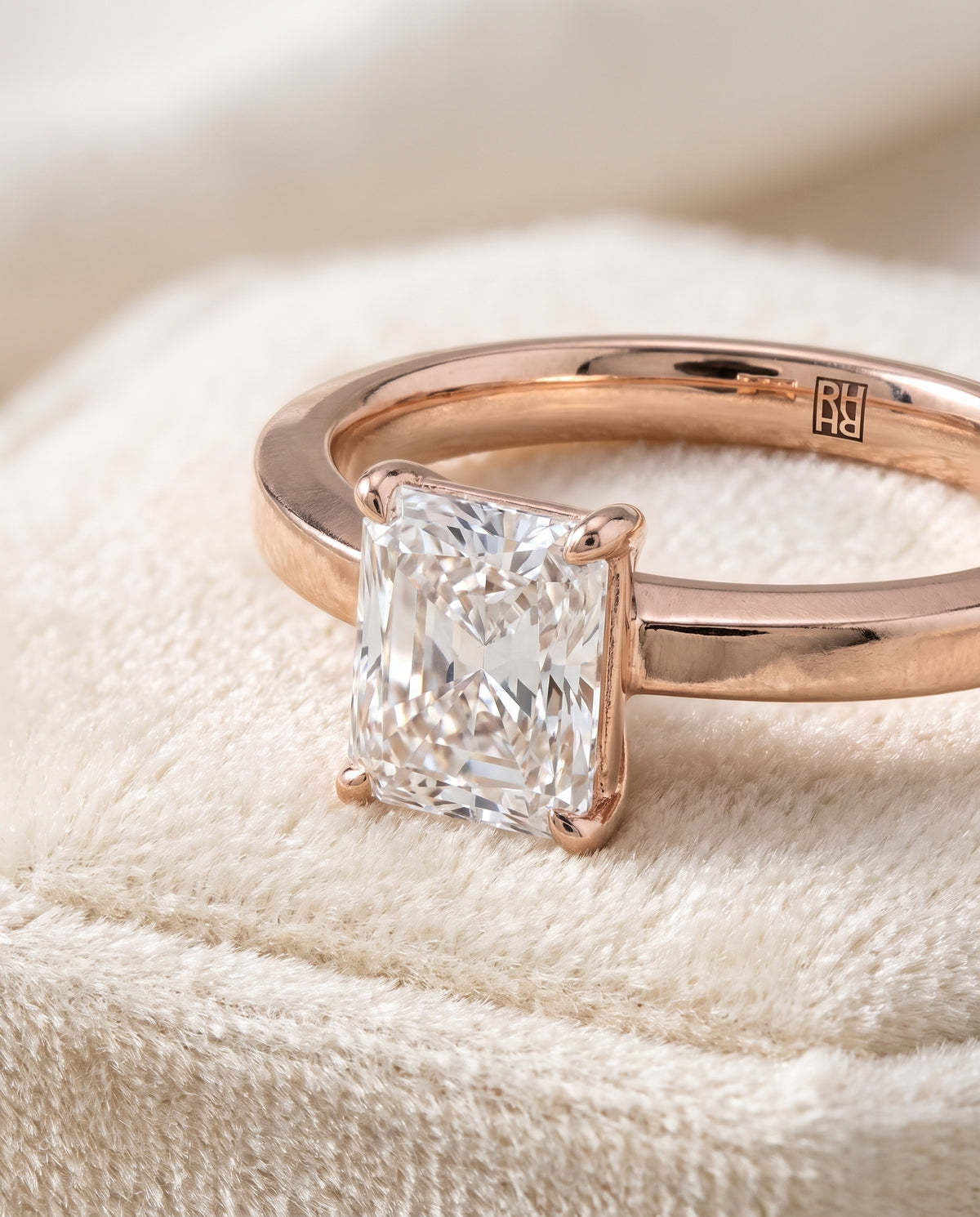 The Carmen Beveled Edge Comfort Fit Solitaire Radiant Cut Engagement Ring Setting in 14K Rose Gold