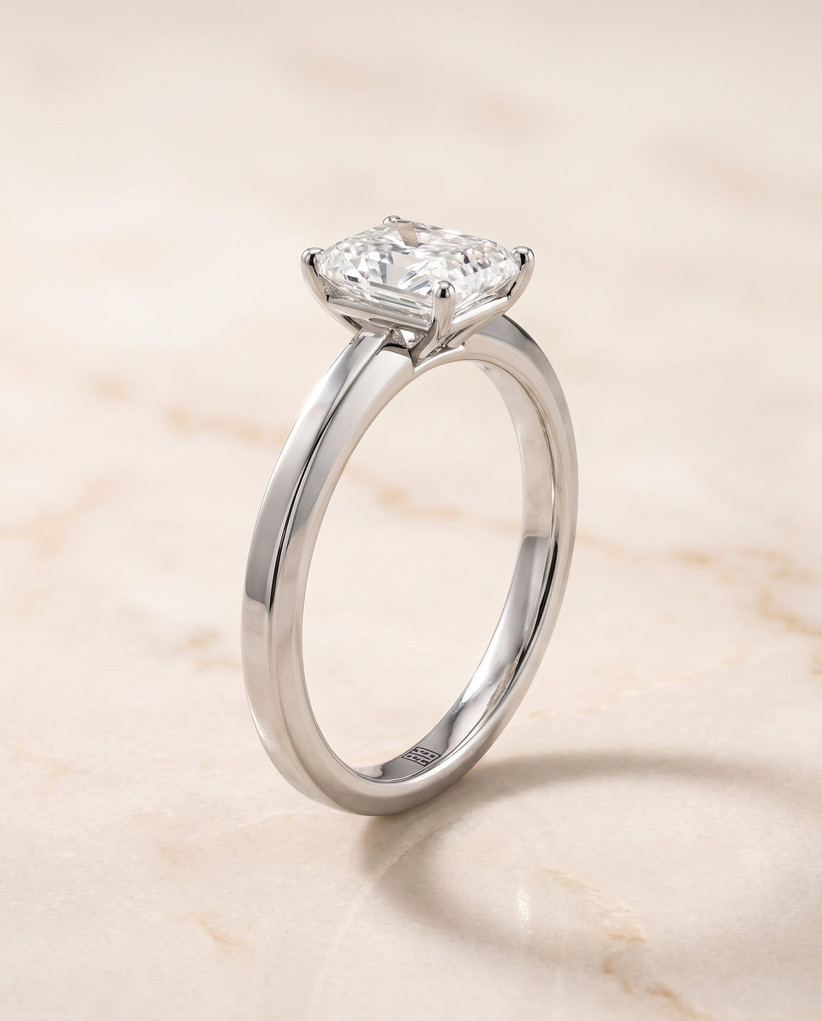 The Carmen Beveled Edge Comfort Fit Solitaire Radiant Cut Engagement Ring Setting in Platinum