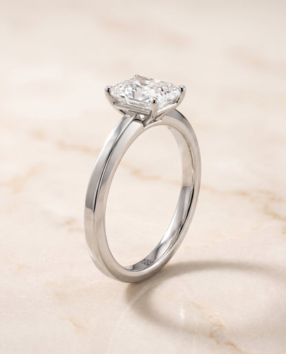 The Carmen Beveled Edge Comfort Fit Solitaire Radiant Cut Engagement Ring Setting in Platinum