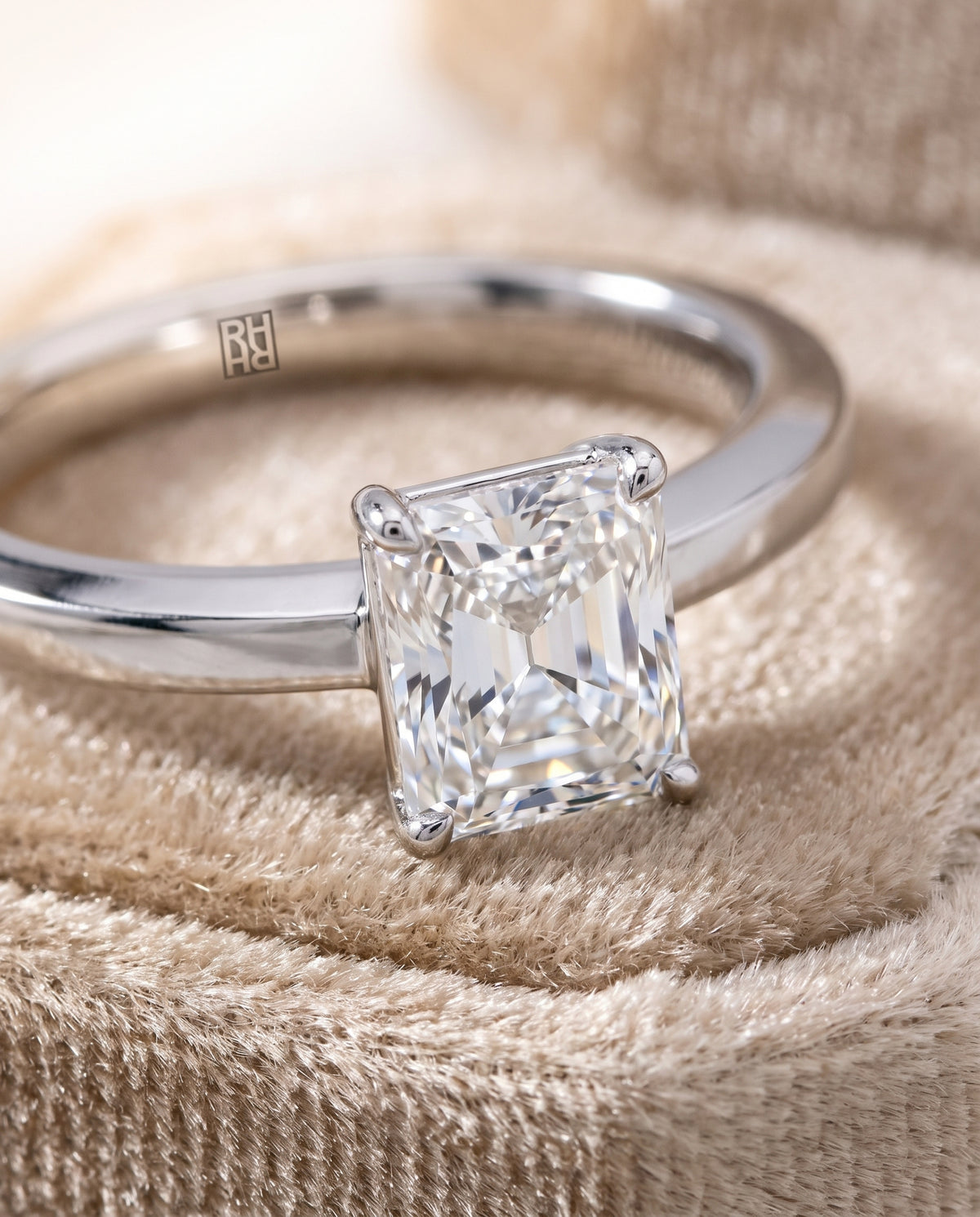 The Carmen Beveled Edge Comfort Fit Solitaire Radiant Cut Engagement Ring Setting in Platinum