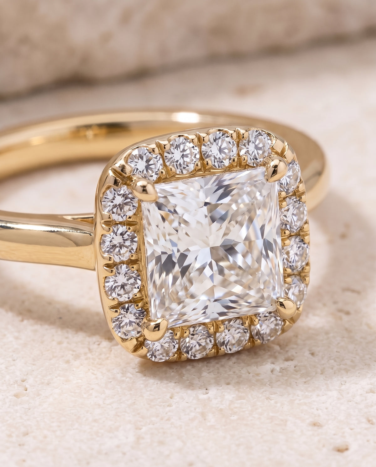 The Carnie Classic Prong Diamond Halo Princess Cut Engagement Ring Setting in 18K Yellow Gold