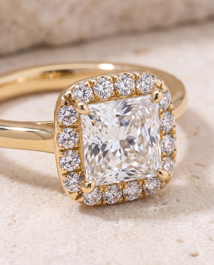 The Carnie Classic Prong Diamond Halo Princess Cut Engagement Ring Setting in 18K Yellow Gold