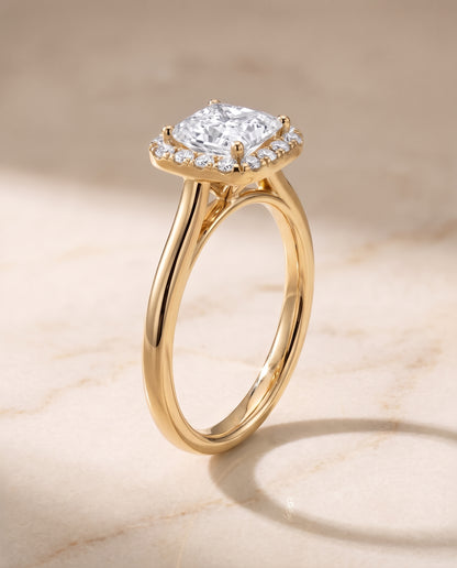 The Carnie Classic Prong Diamond Halo Princess Cut Engagement Ring Setting in 18K Yellow Gold