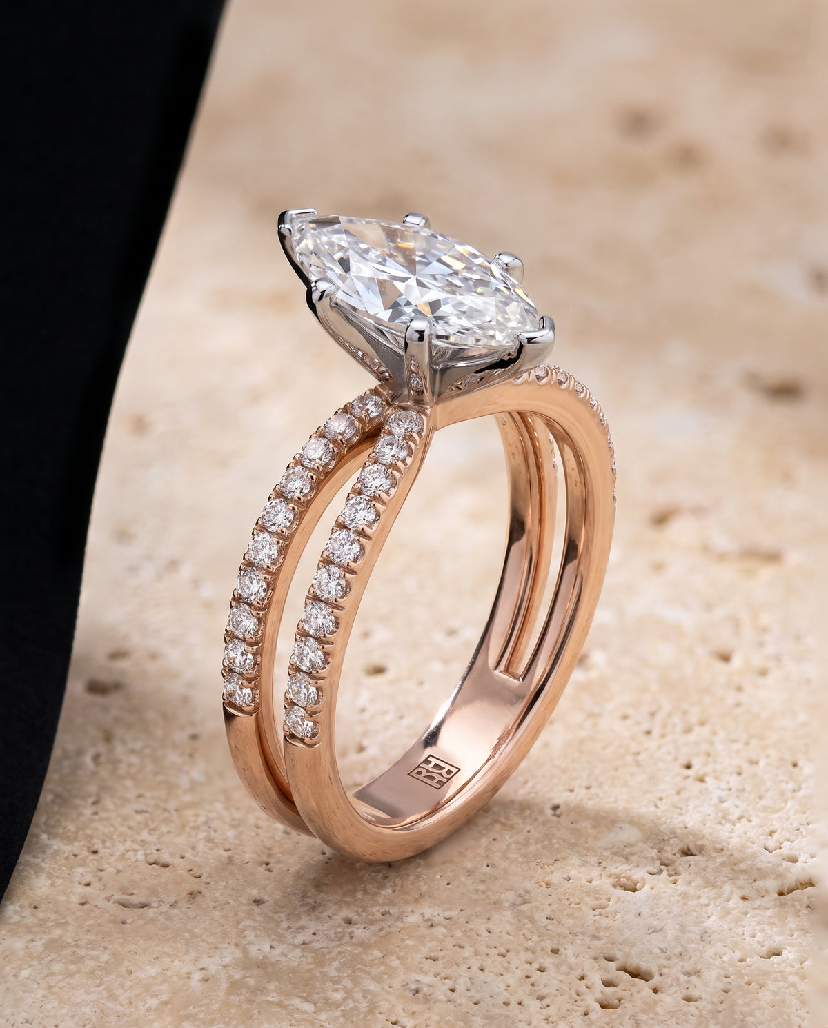 Marquise engagement ring setting in 14K Rose Gold, Carole Two Row Pavé Split Shank Marquise, alternate view | RockHer