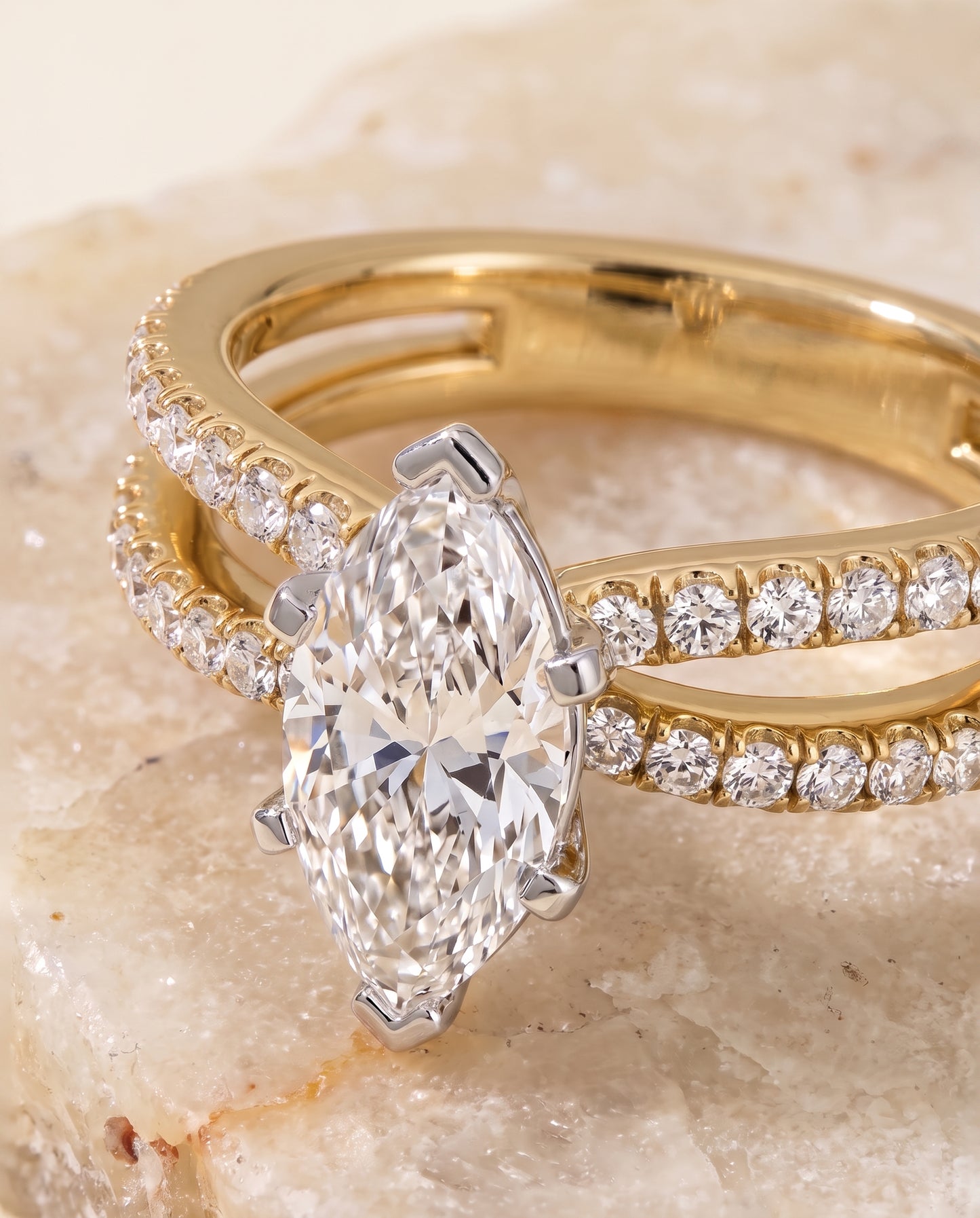 The Carole Two Row Pavé Split Shank Marquise Engagement Ring Setting in 18K Yellow Gold