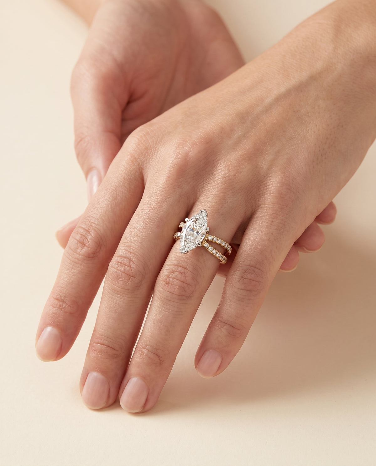 The Carole Two Row Pavé Split Shank Marquise Engagement Ring Setting in 18K Yellow Gold