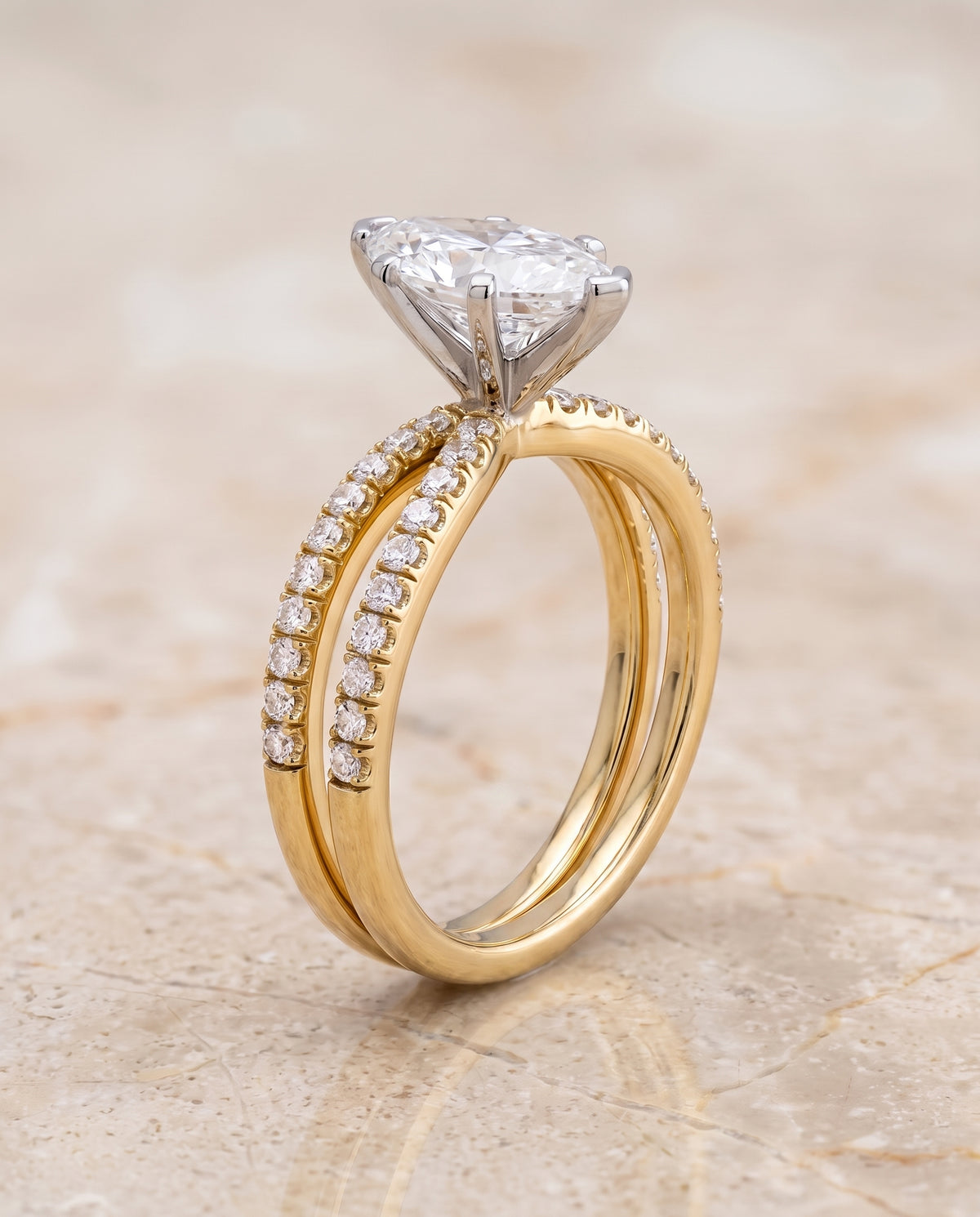 The Carole Two Row Pavé Split Shank Marquise Engagement Ring Setting in 18K Yellow Gold