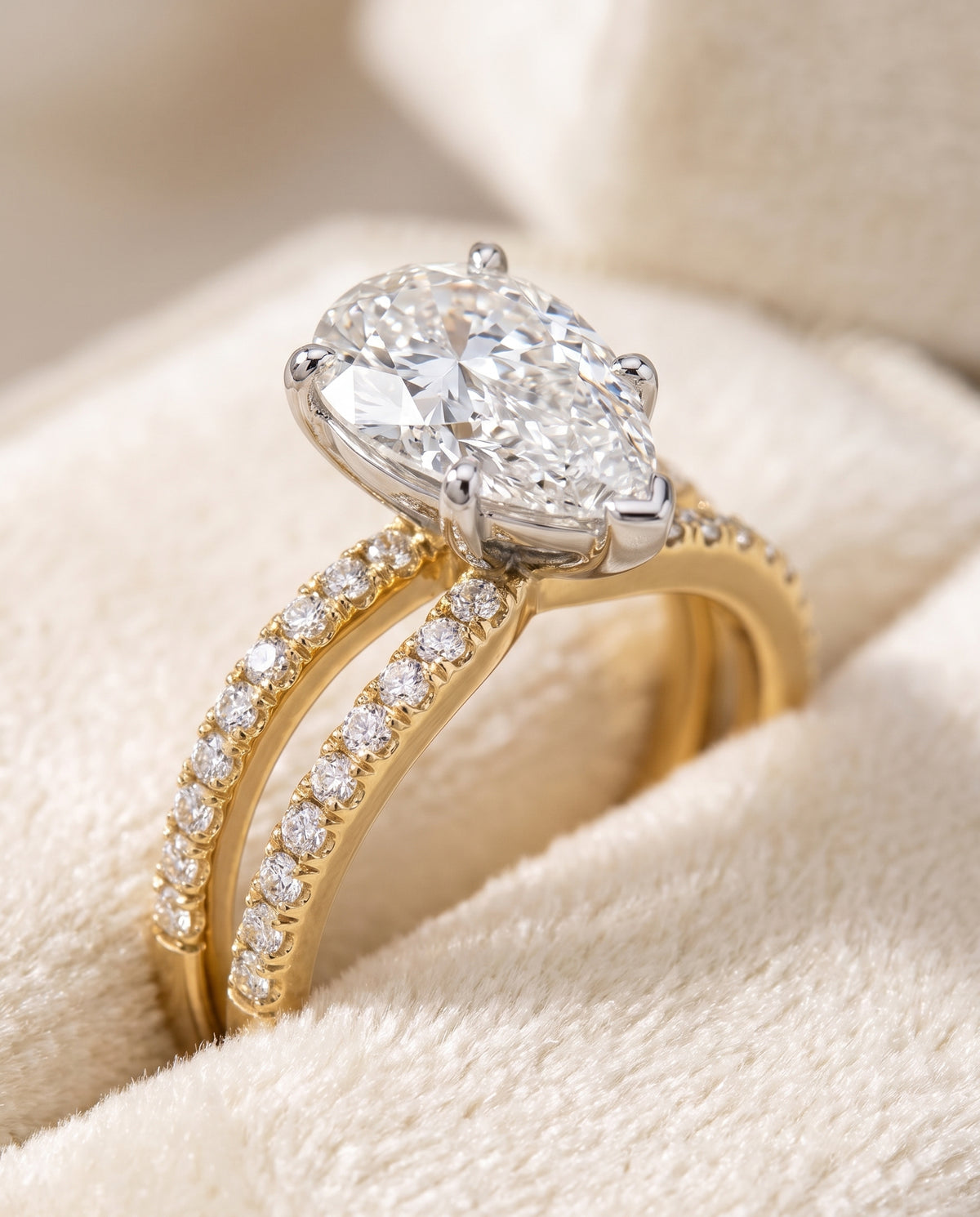 The Carole Two Row Pavé Split Shank Pear Engagement Ring Setting in 18K Yellow Gold