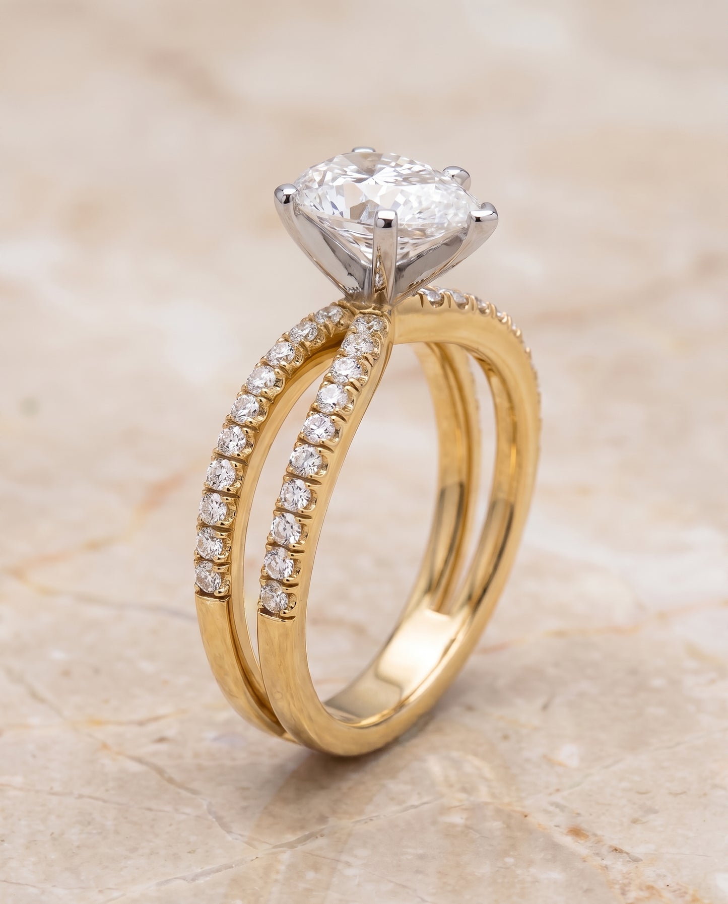 The Carole Two Row Pavé Split Shank Pear Engagement Ring Setting in 18K Yellow Gold