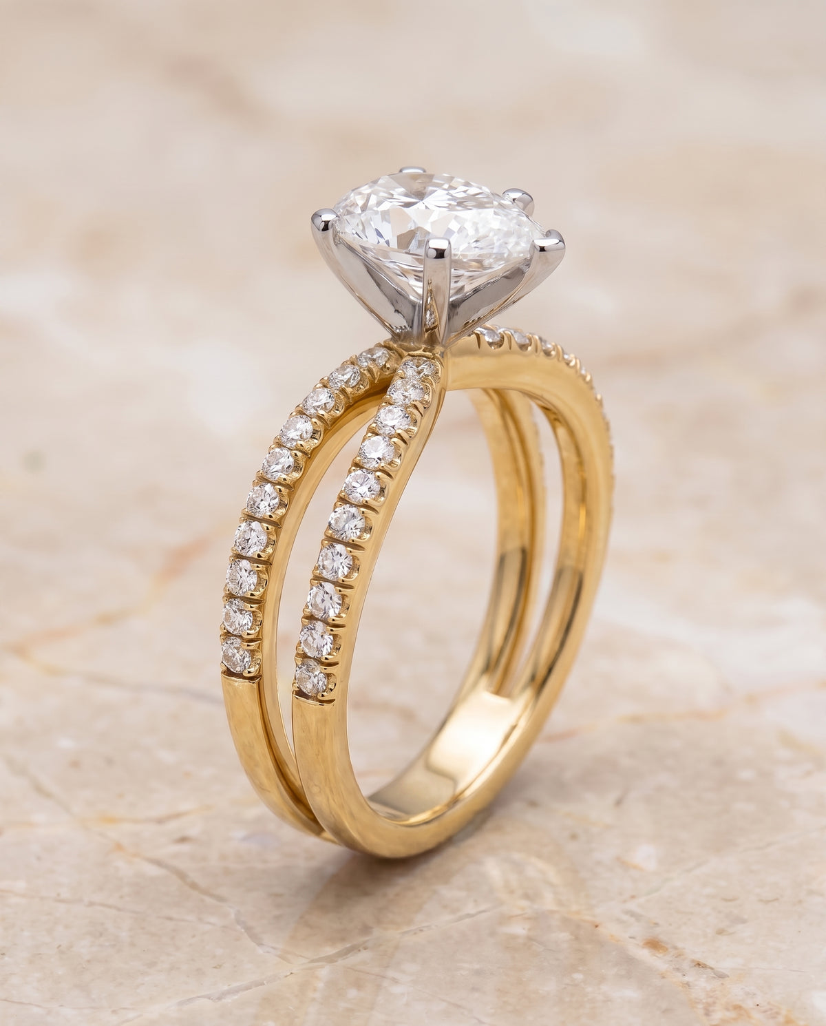The Carole Two Row Pavé Split Shank Pear Engagement Ring Setting in 18K Yellow Gold