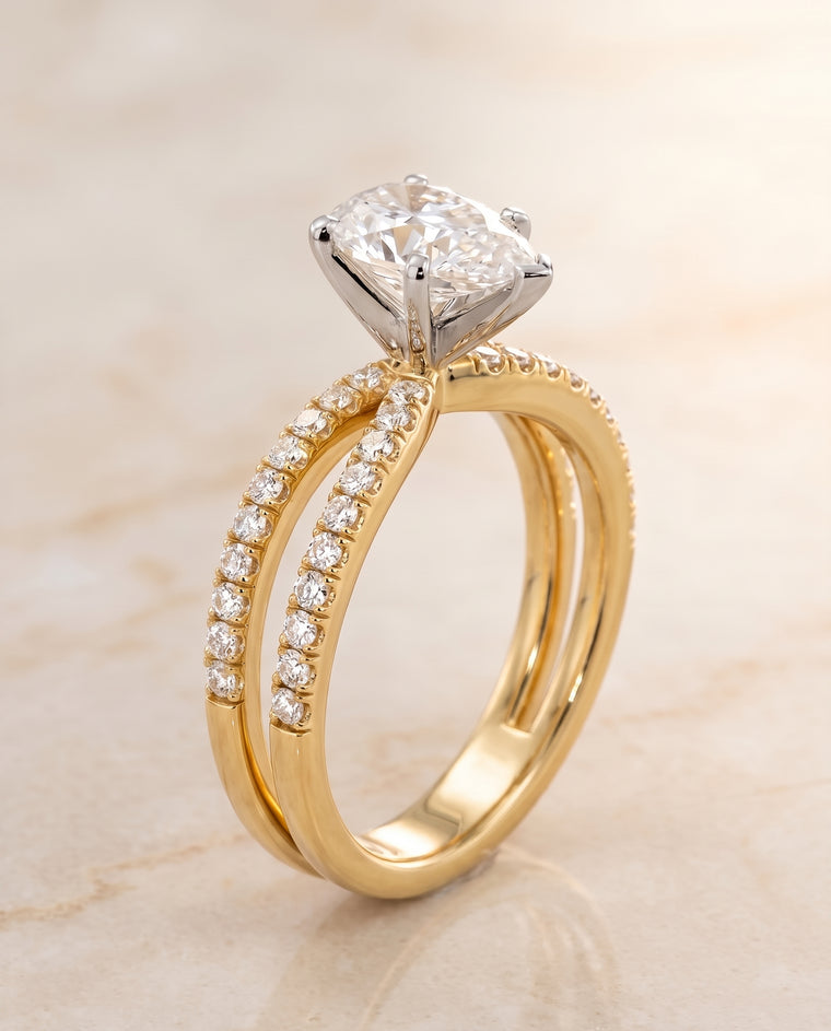 The Carole Two Row Pavé Split Shank Pear Engagement Ring Setting in 18K Yellow Gold