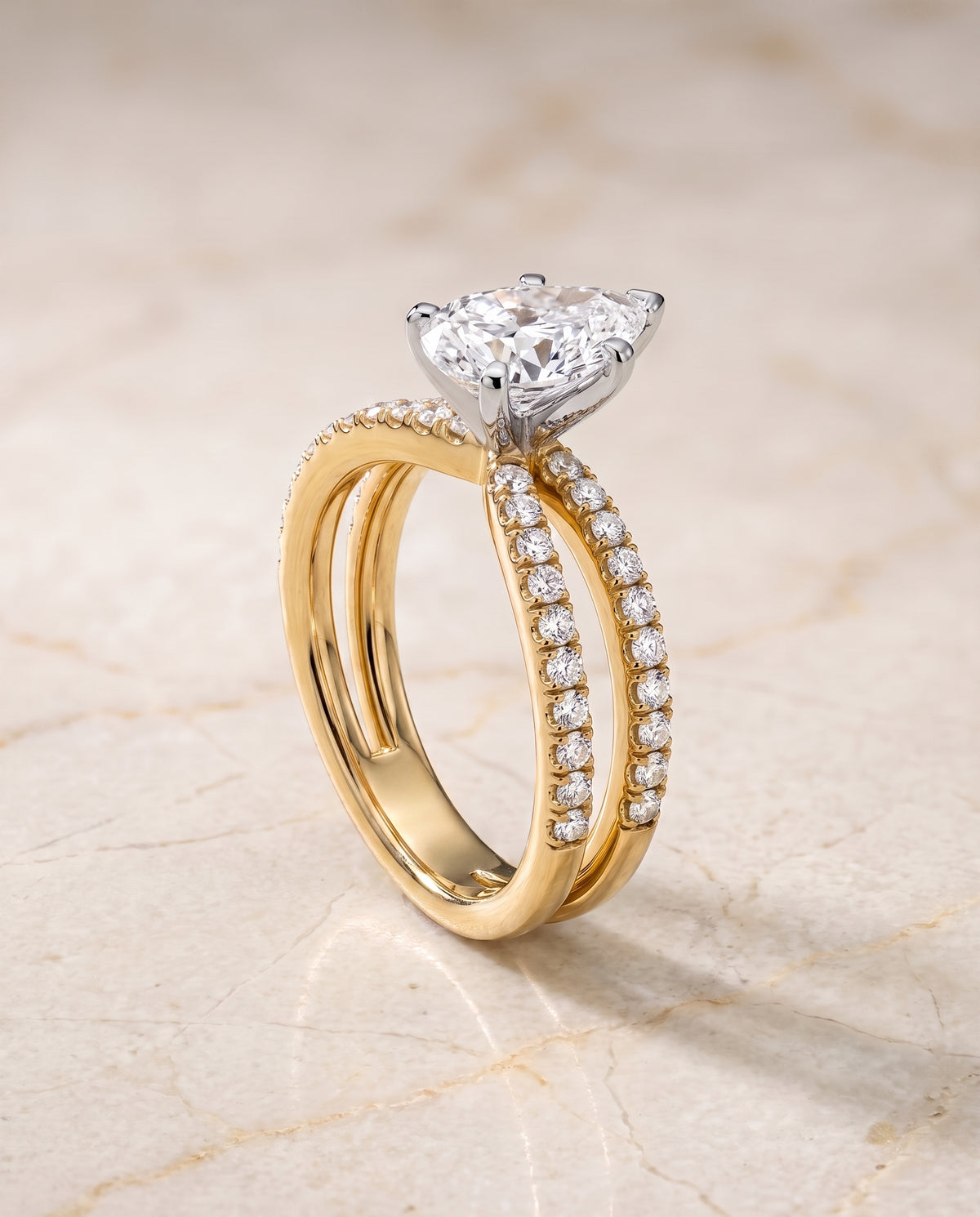 The Carole Two Row Pavé Split Shank Pear Engagement Ring Setting in 18K Yellow Gold