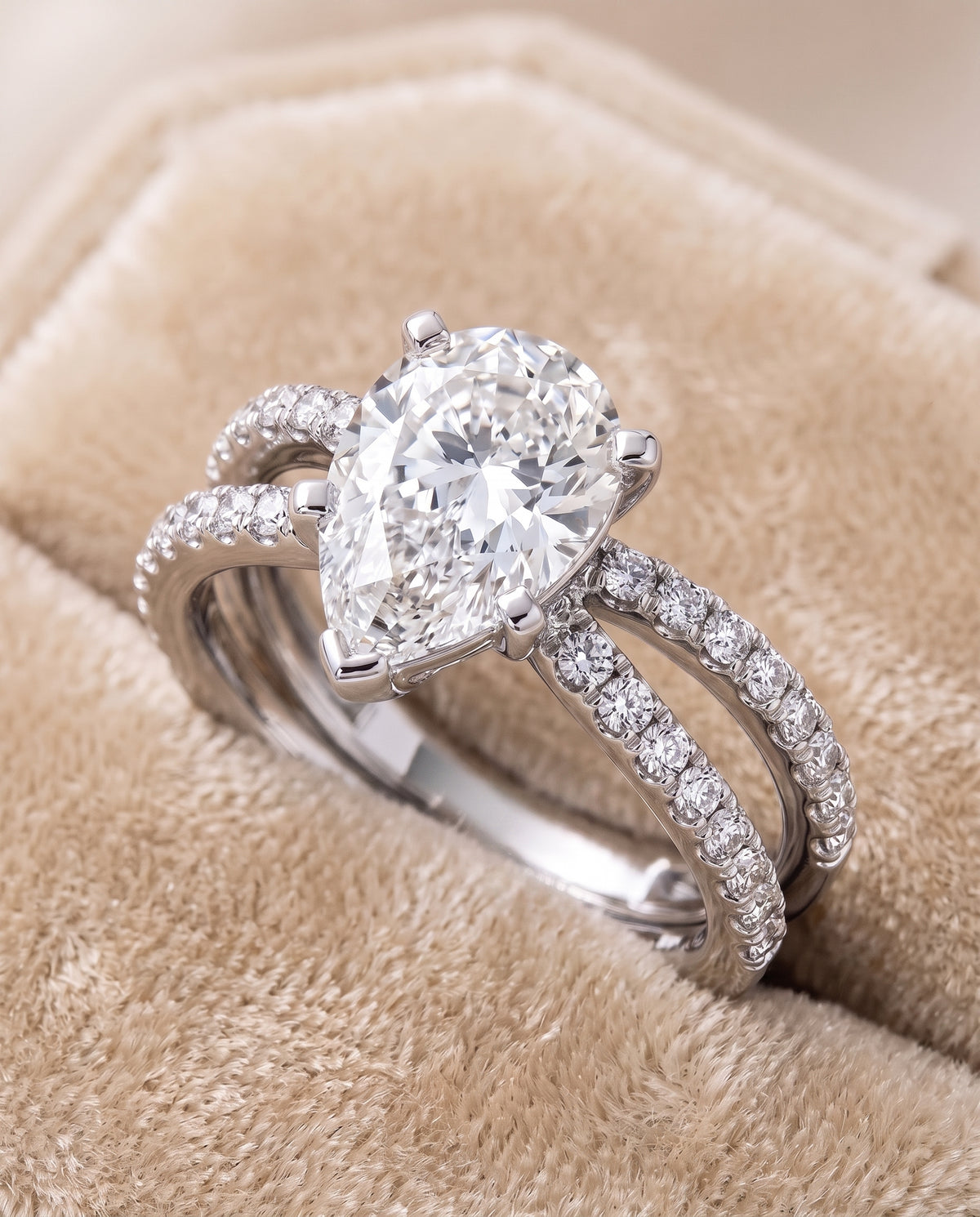 The Carole Two Row Pavé Split Shank Pear Engagement Ring Setting in Platinum