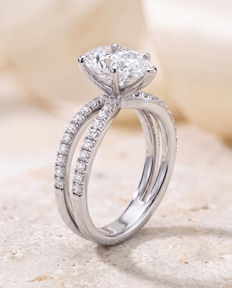 The Carole Two Row Pavé Split Shank Pear Engagement Ring Setting in 18K White Gold