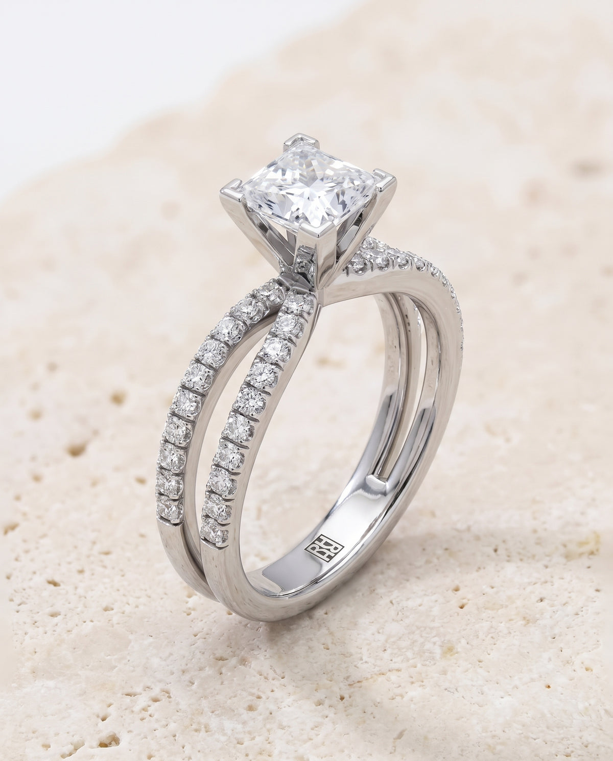 Princess engagement ring setting in Platinum, Carole Two Row Pavé Split Shank Princess Cut, alternate view | RockHer