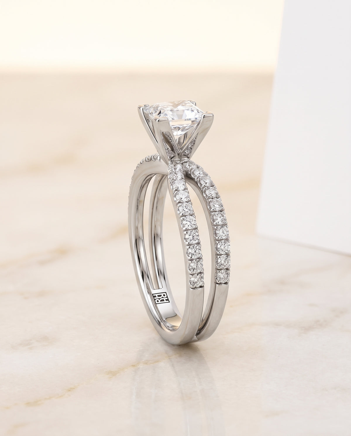 Princess engagement ring setting in Platinum, Carole Two Row Pavé Split Shank Princess Cut, alternate view | RockHer