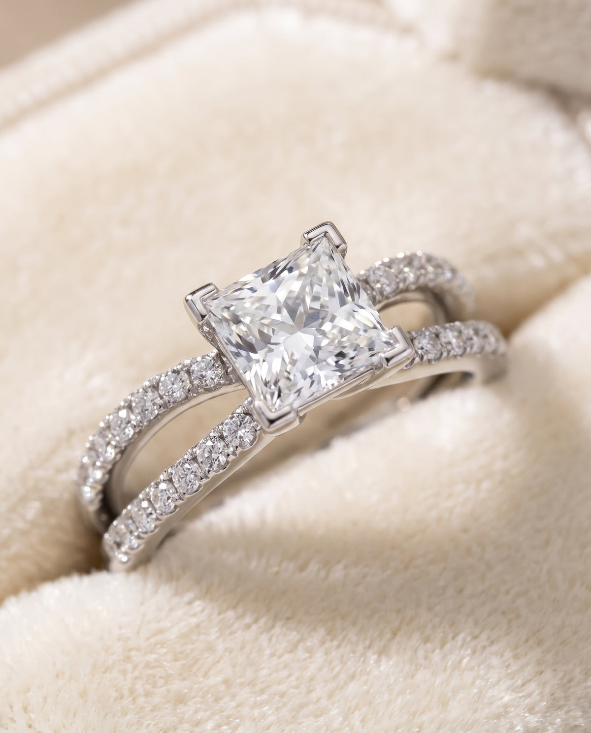 Princess engagement ring setting in Platinum, Carole Two Row Pavé Split Shank Princess Cut, alternate view | RockHer