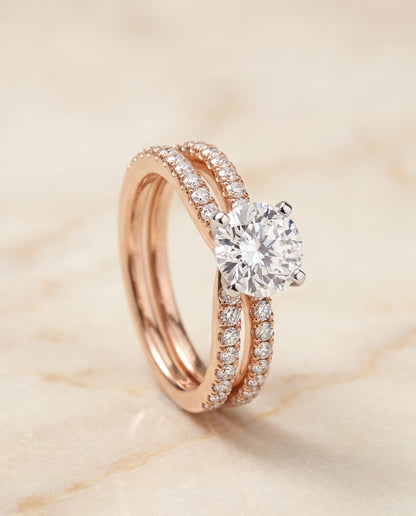 The Carole Two Row Pavé Split Shank Round Engagement Ring Setting in 14K Rose Gold