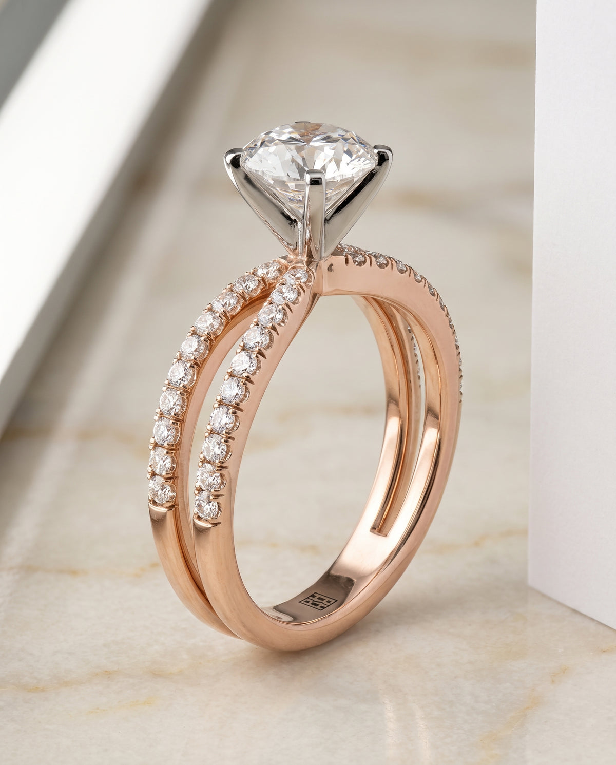 The Carole Two Row Pavé Split Shank Round Engagement Ring Setting in 14K Rose Gold