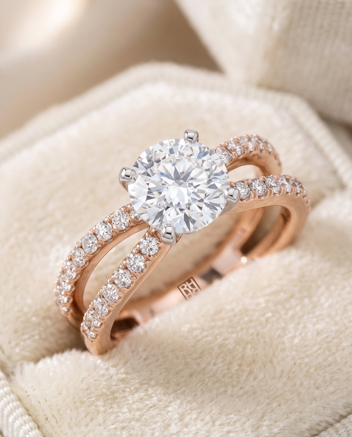 The Carole Two Row Pavé Split Shank Round Engagement Ring Setting in 14K Rose Gold