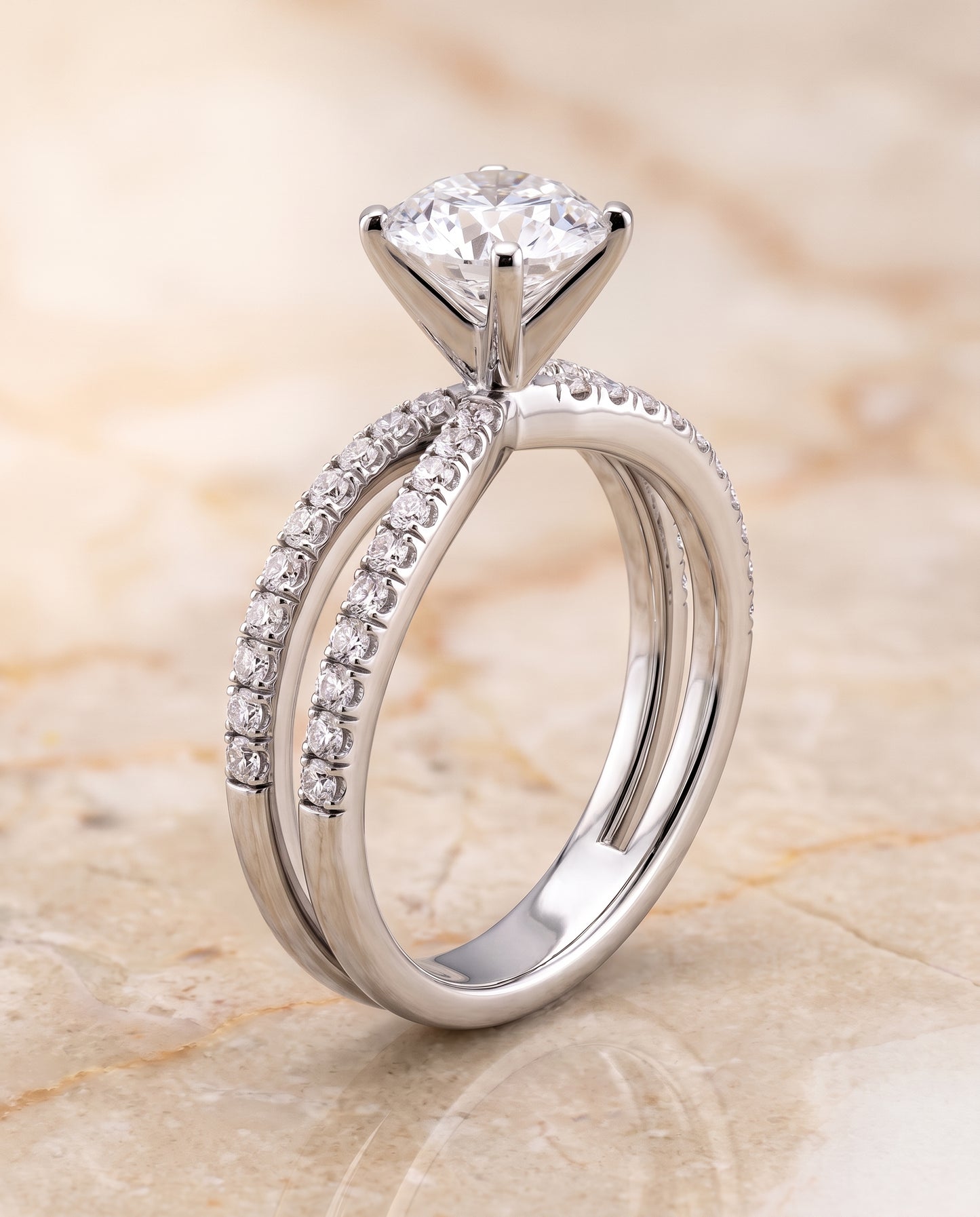 The Carole Two Row Pavé Split Shank Round Engagement Ring Setting in 18K White Gold