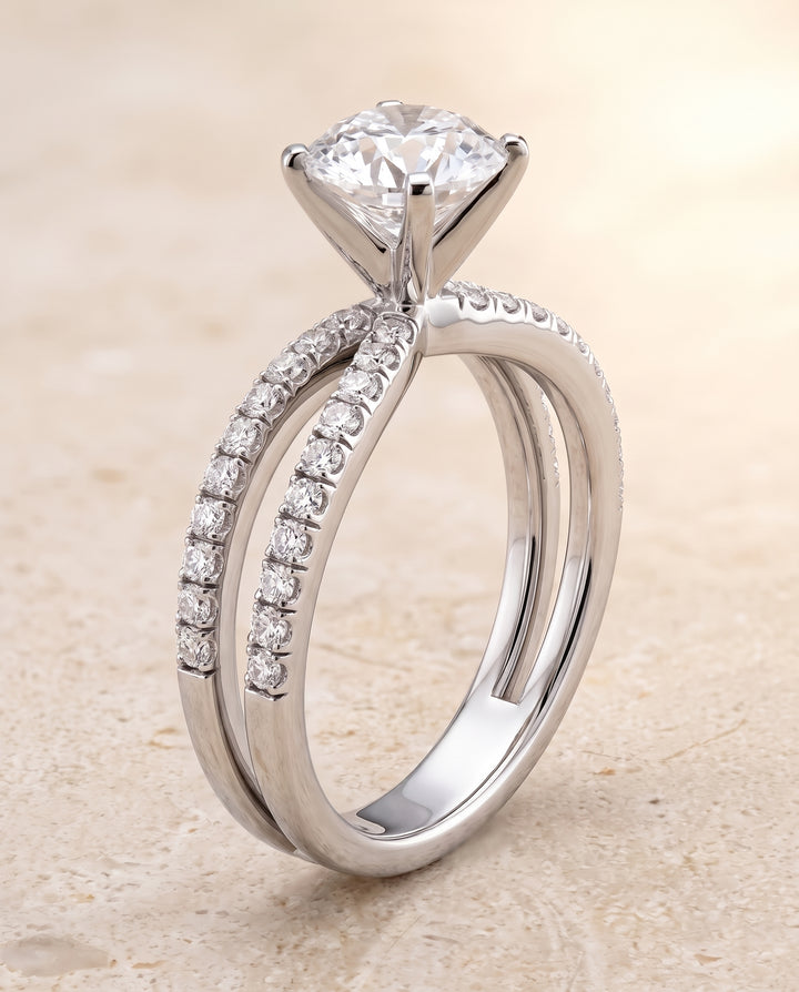 The Carole Two Row Pavé Split Shank Round Engagement Ring Setting in 18K White Gold